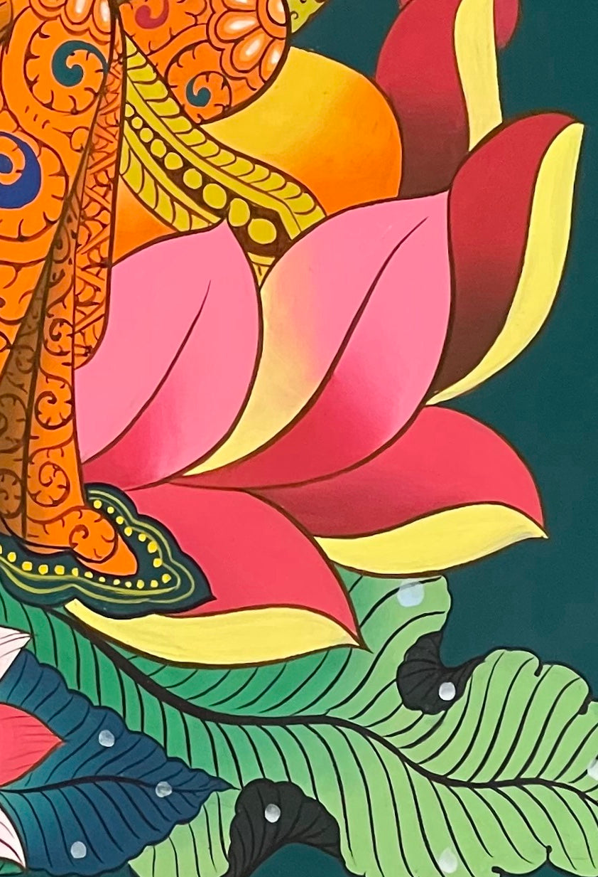 Green Tara thangka, detail: bottom-right corner