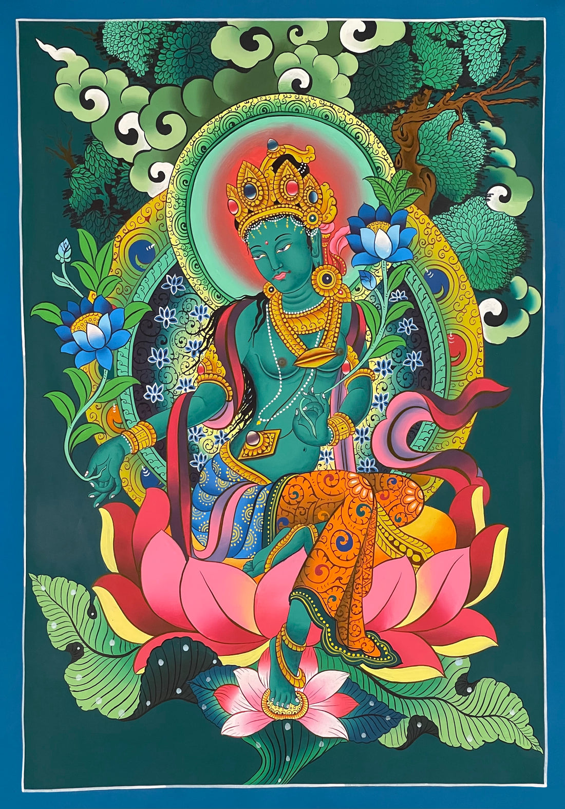 Green Tara thangka, 57×80 cm: Newar-style Green Tara on a large pink lotus under a spreading tree, on dark teal