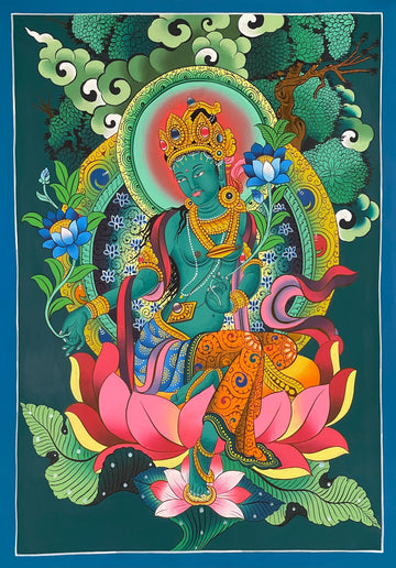 Green Tara thangka, 57×80 cm: Newar-style Green Tara on a large pink lotus under a spreading tree, on dark teal