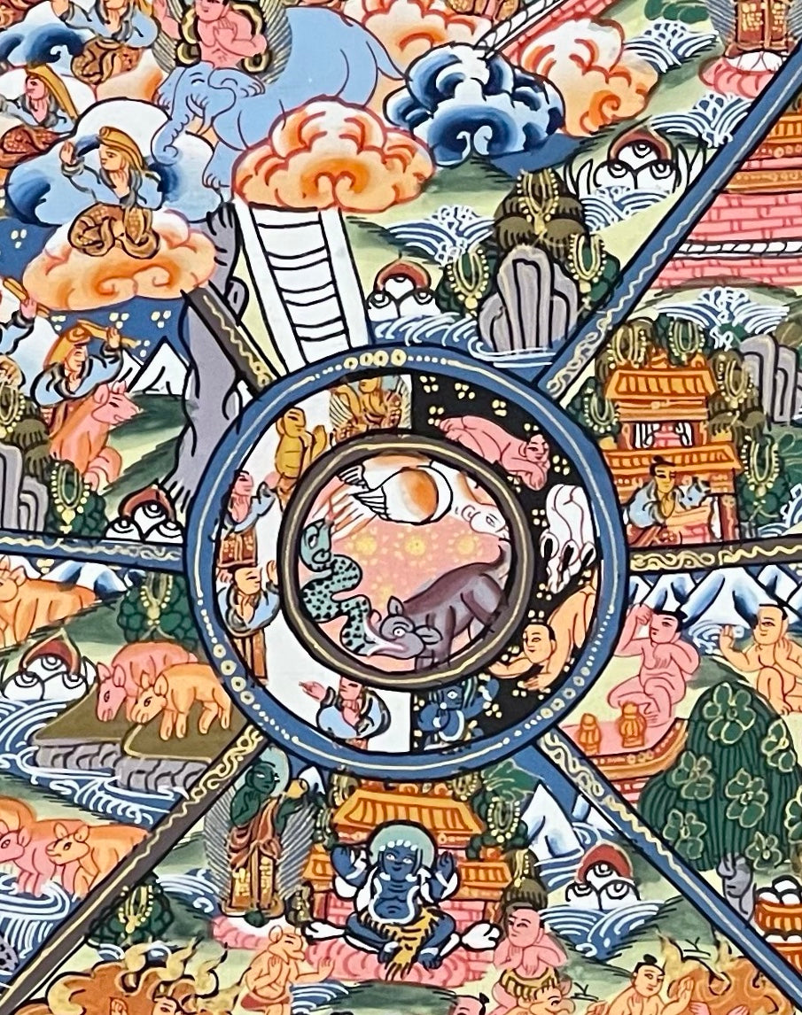 Wheel of Life thangka, 45×53 cm: red Yama holding a densely painted Wheel of Life, inside a border of dragons