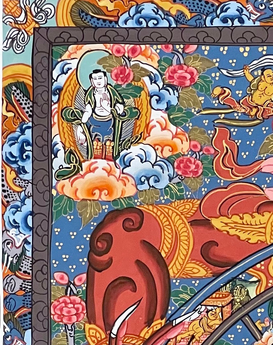 Wheel of Life thangka, detail: top-left corner