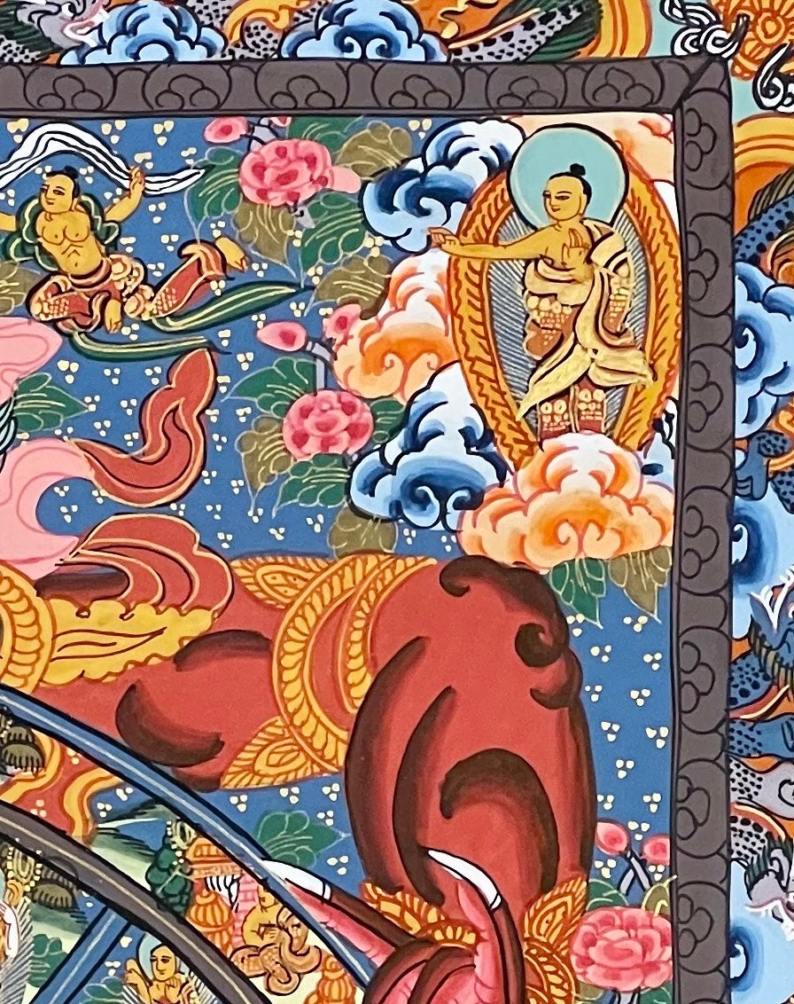 Wheel of Life thangka, detail: top-right corner