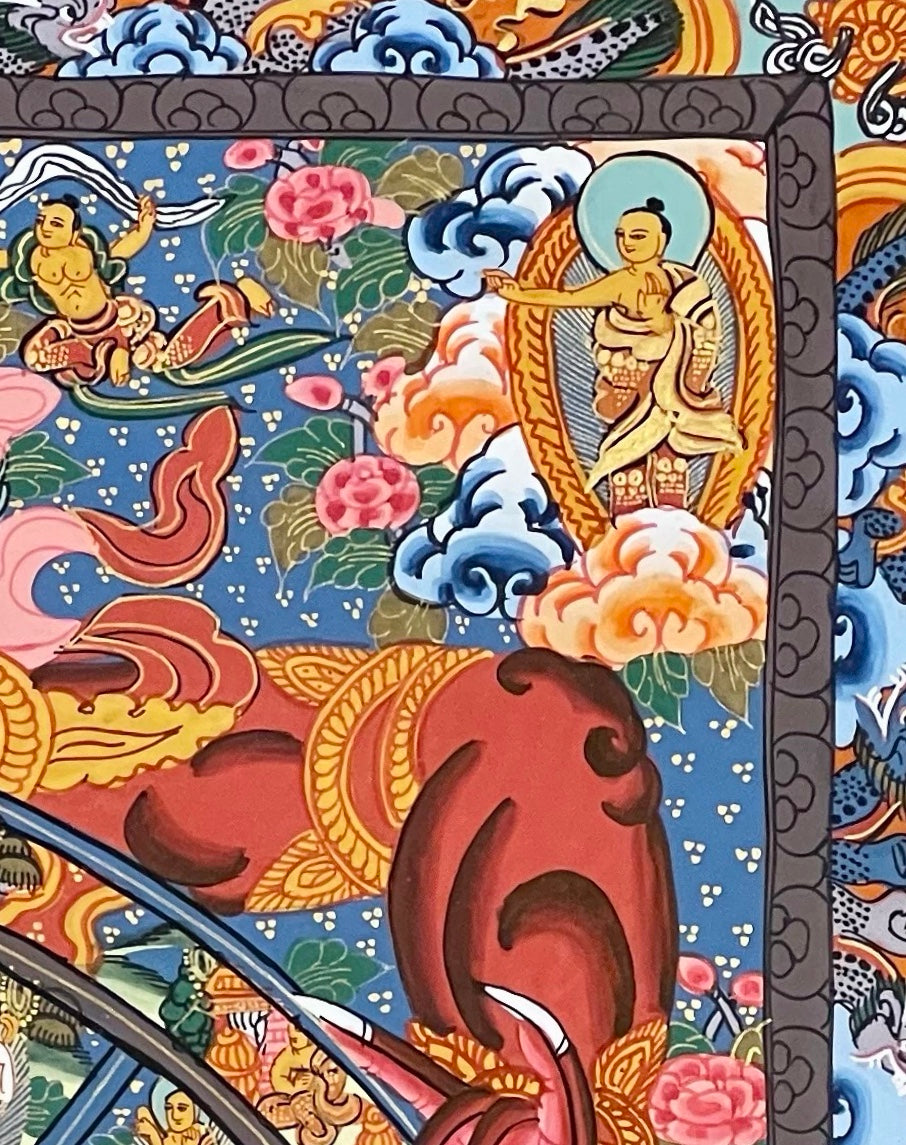 Wheel of Life thangka, detail: top-right corner