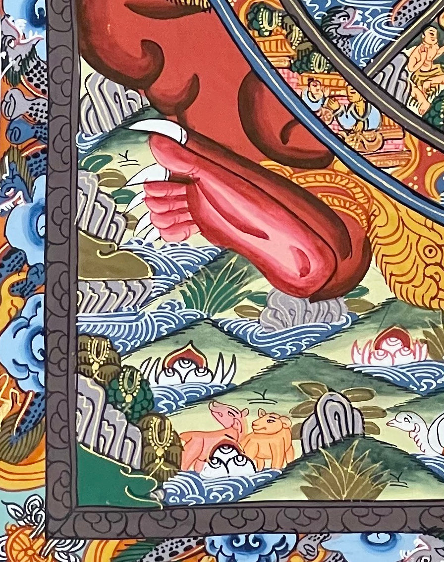 Wheel of Life thangka, detail: bottom-left corner