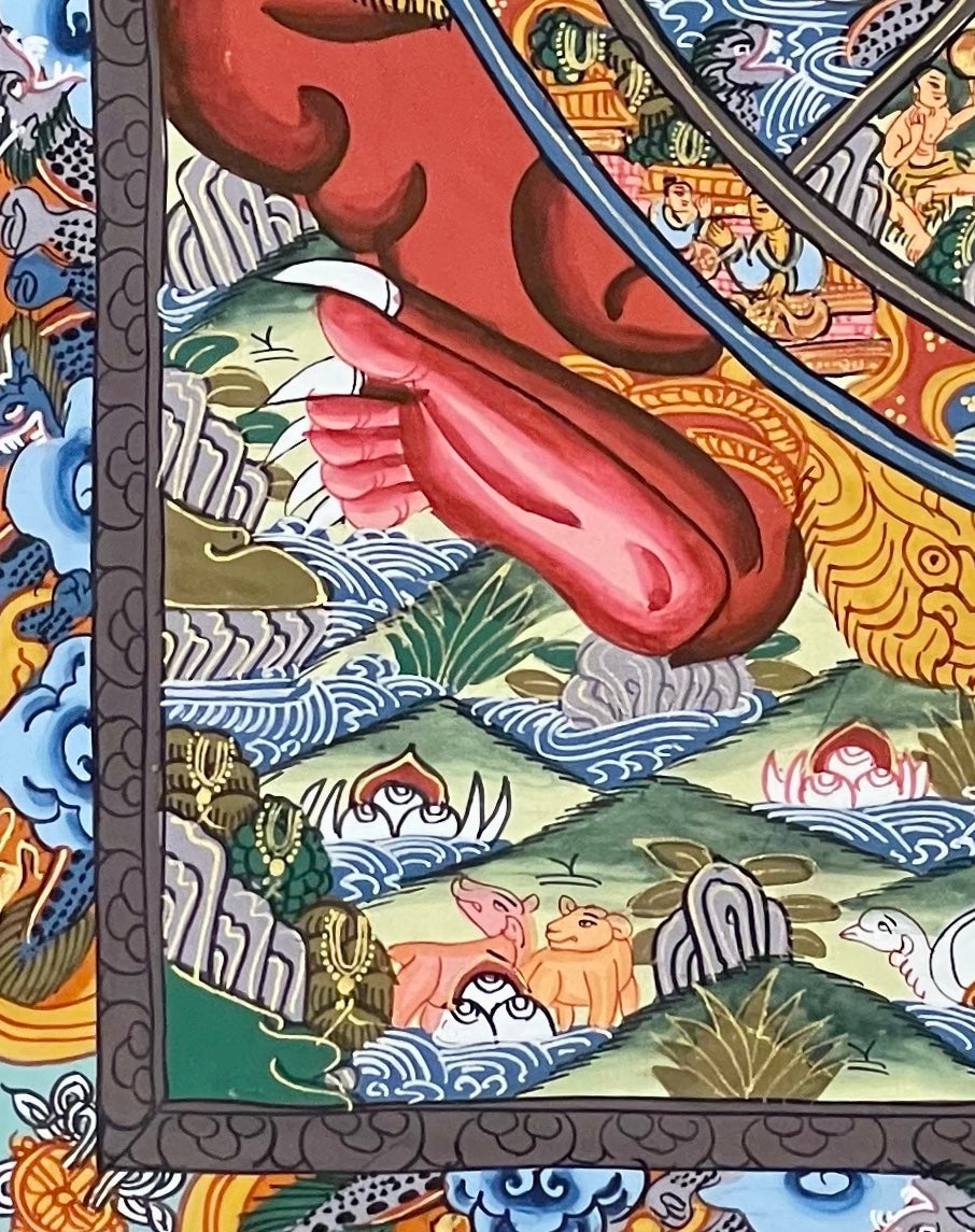 Wheel of Life thangka, detail: bottom-left corner