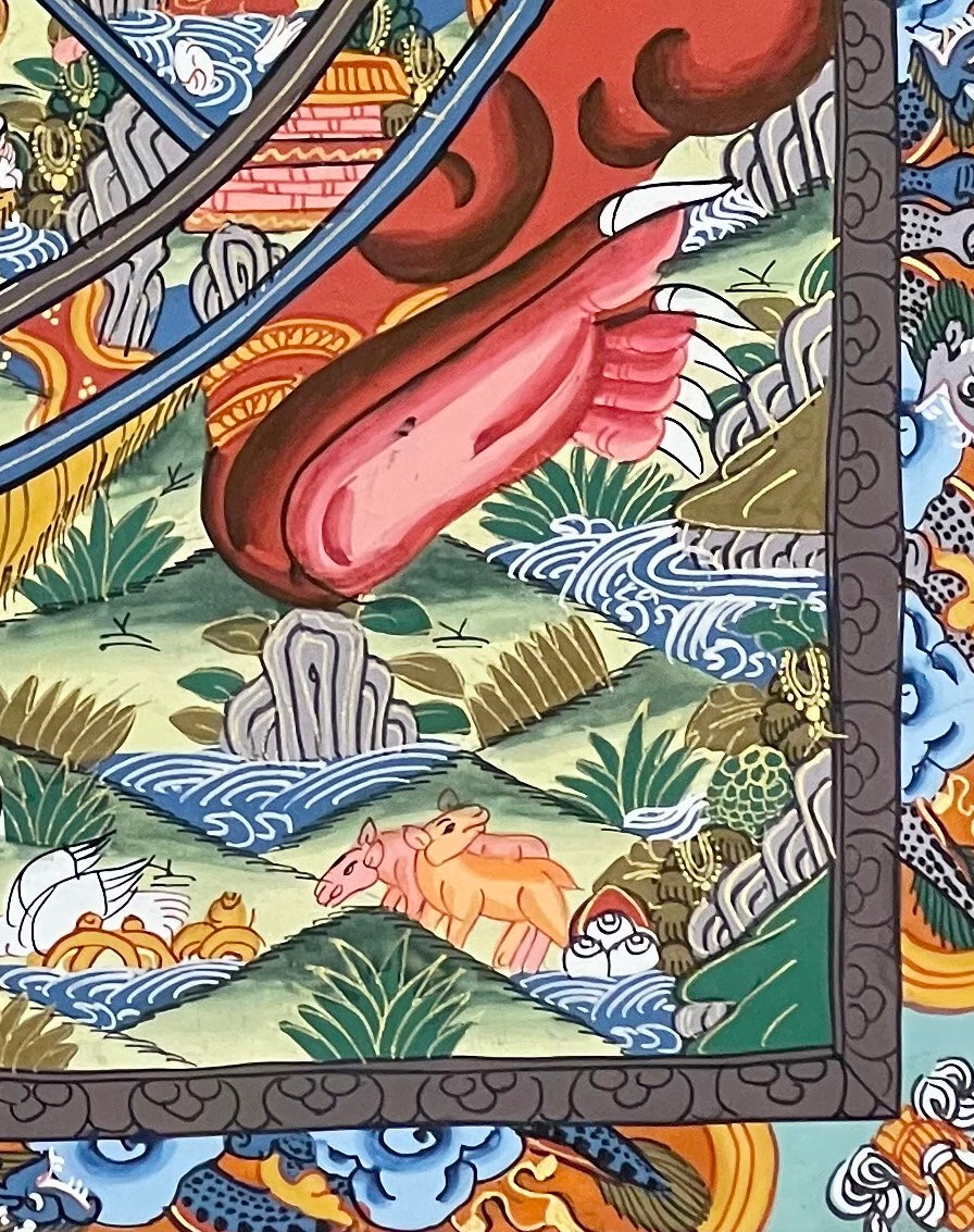 Wheel of Life thangka, detail: bottom-right corner