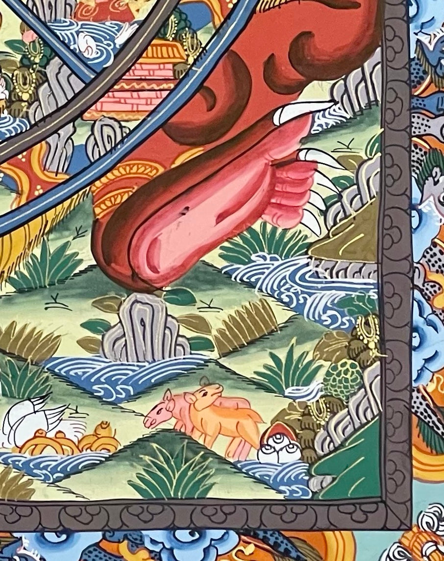 Wheel of Life thangka, detail: bottom-right corner