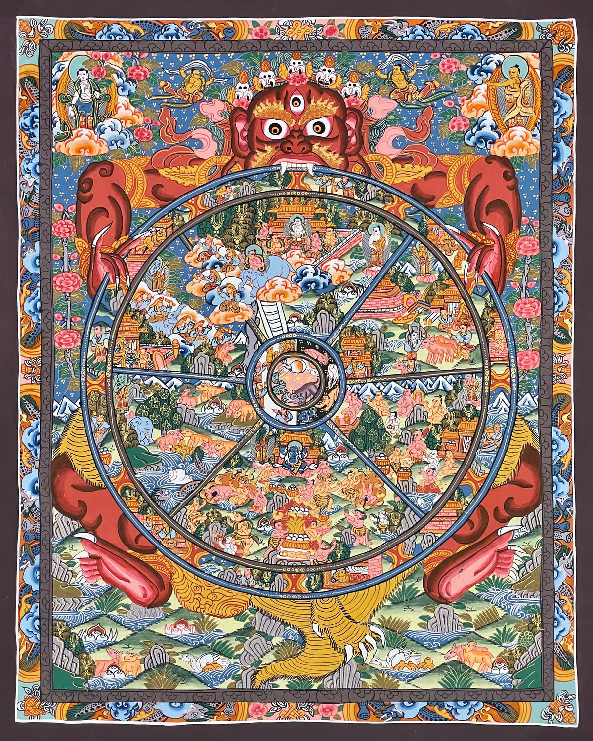 Wheel of Life thangka, 45×53 cm: red Yama holding a densely painted Wheel of Life, inside a border of dragons