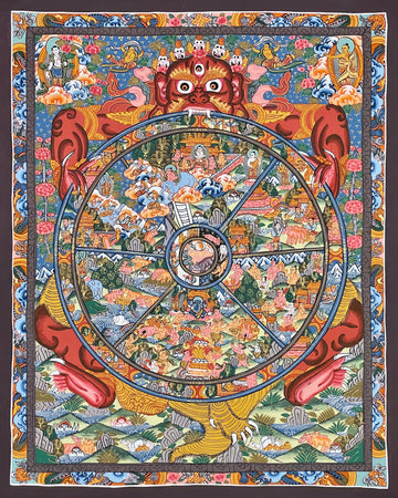 Wheel of Life thangka, 45×53 cm: red Yama holding a densely painted Wheel of Life, inside a border of dragons