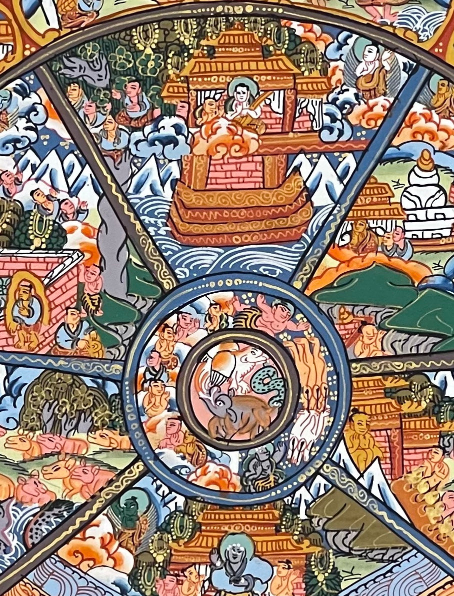 Wheel of Life thangka, 43×53 cm: brown Yama holding a densely painted Wheel of Life, inside a border of dragons