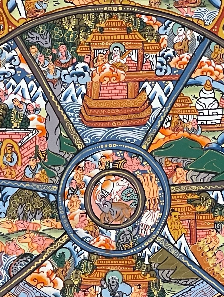 Wheel of Life thangka, 43×53 cm: brown Yama holding a densely painted Wheel of Life, inside a border of dragons