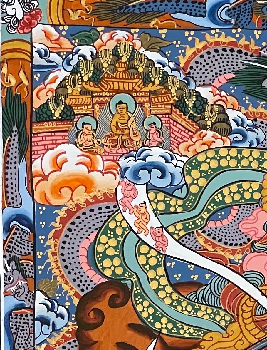 Wheel of Life thangka, detail: top-left corner