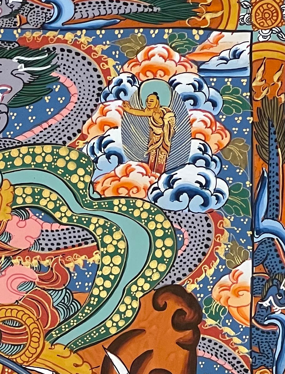 Wheel of Life thangka, detail: top-right corner