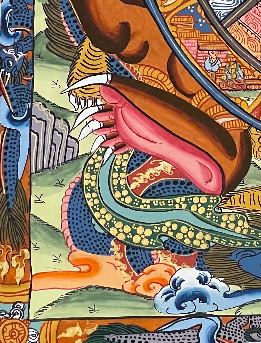 Wheel of Life thangka, detail: bottom-left corner
