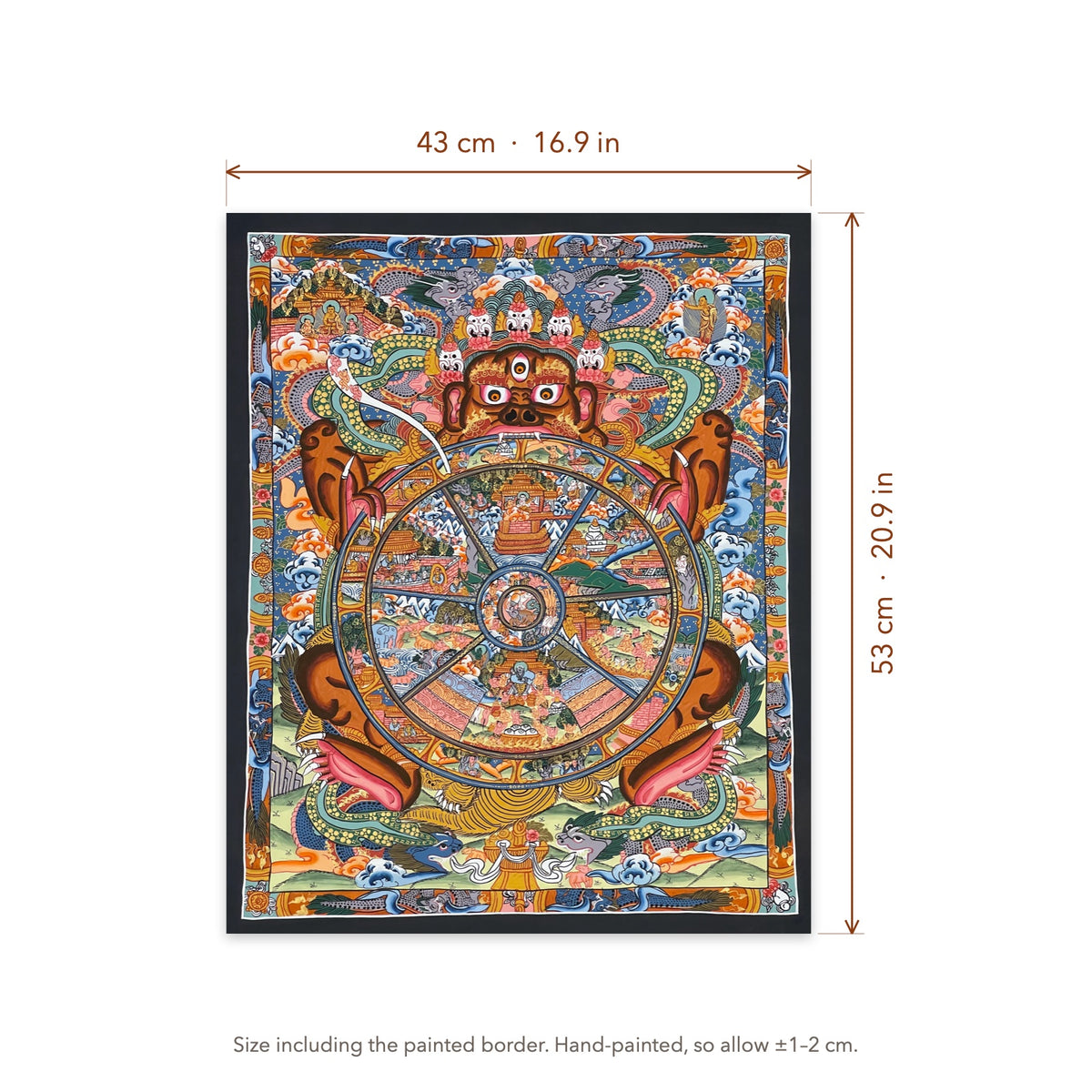 Size diagram: 43 × 53 cm (16.9 × 20.9 in), including the painted border