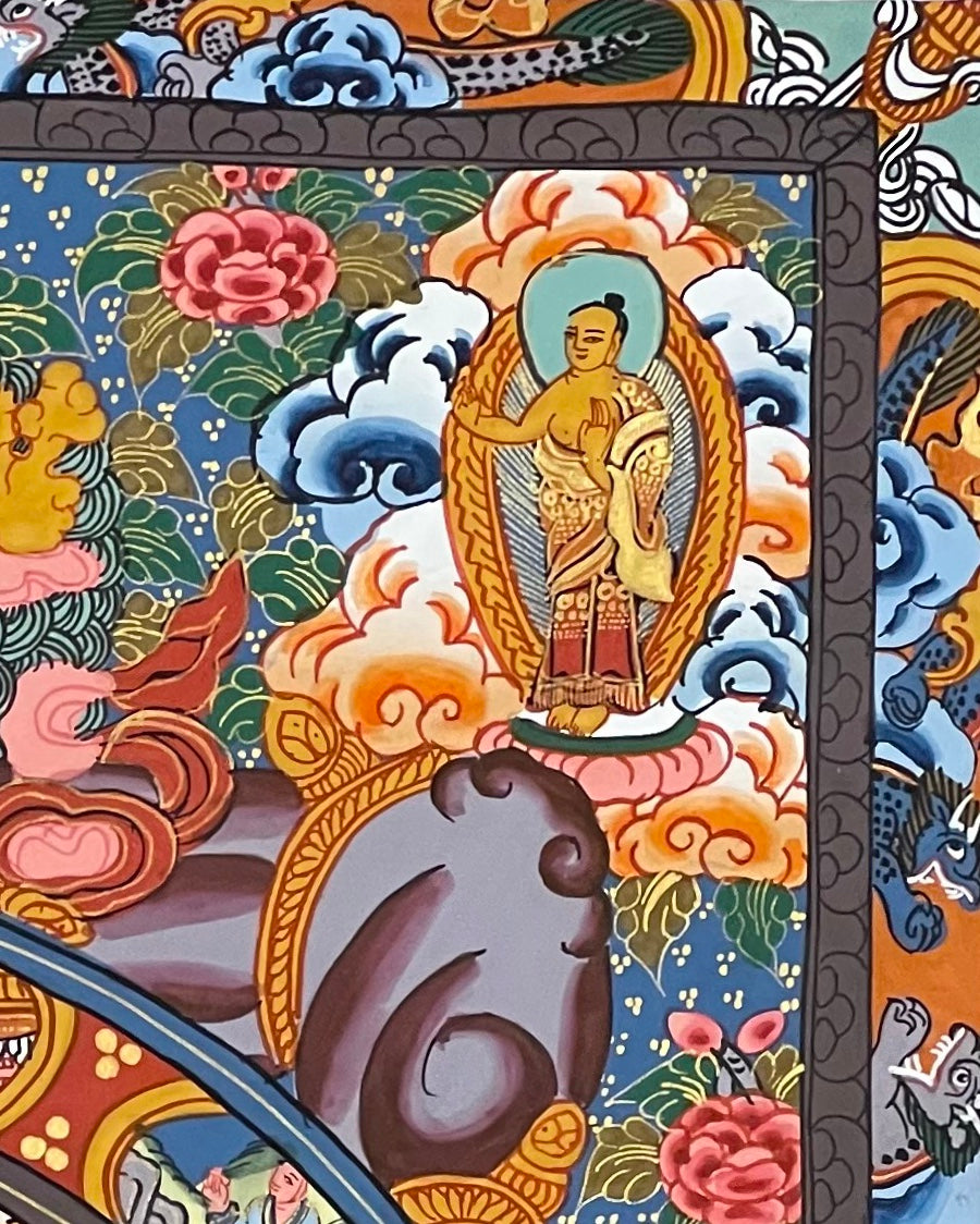 Wheel of Life thangka, detail: top-right corner