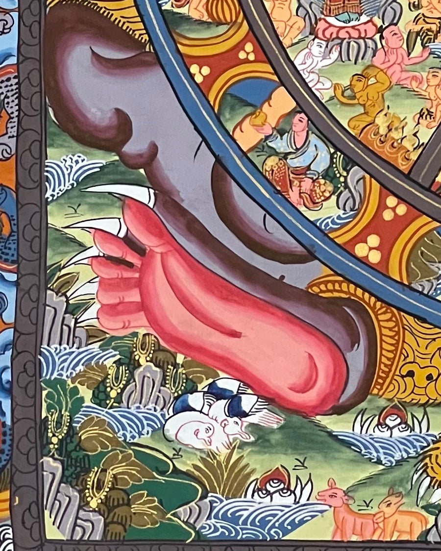 Wheel of Life thangka, detail: bottom-left corner