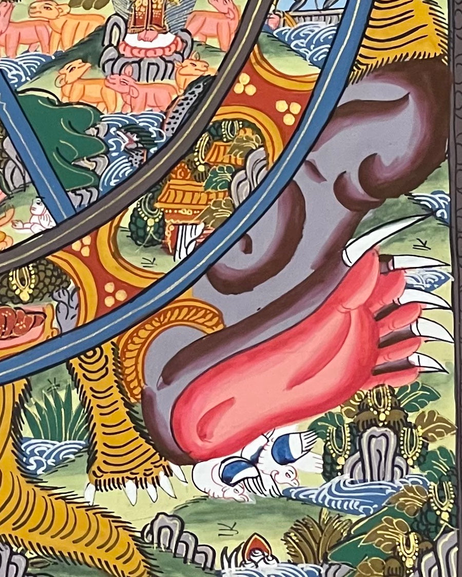 Wheel of Life thangka, detail: bottom-right corner