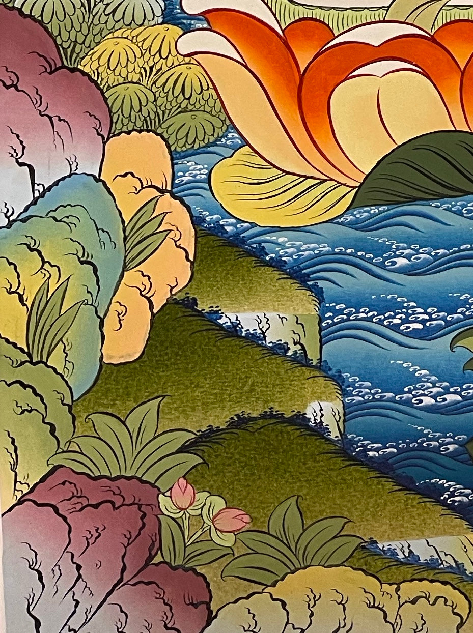 Namgyalma thangka, detail: bottom-left corner