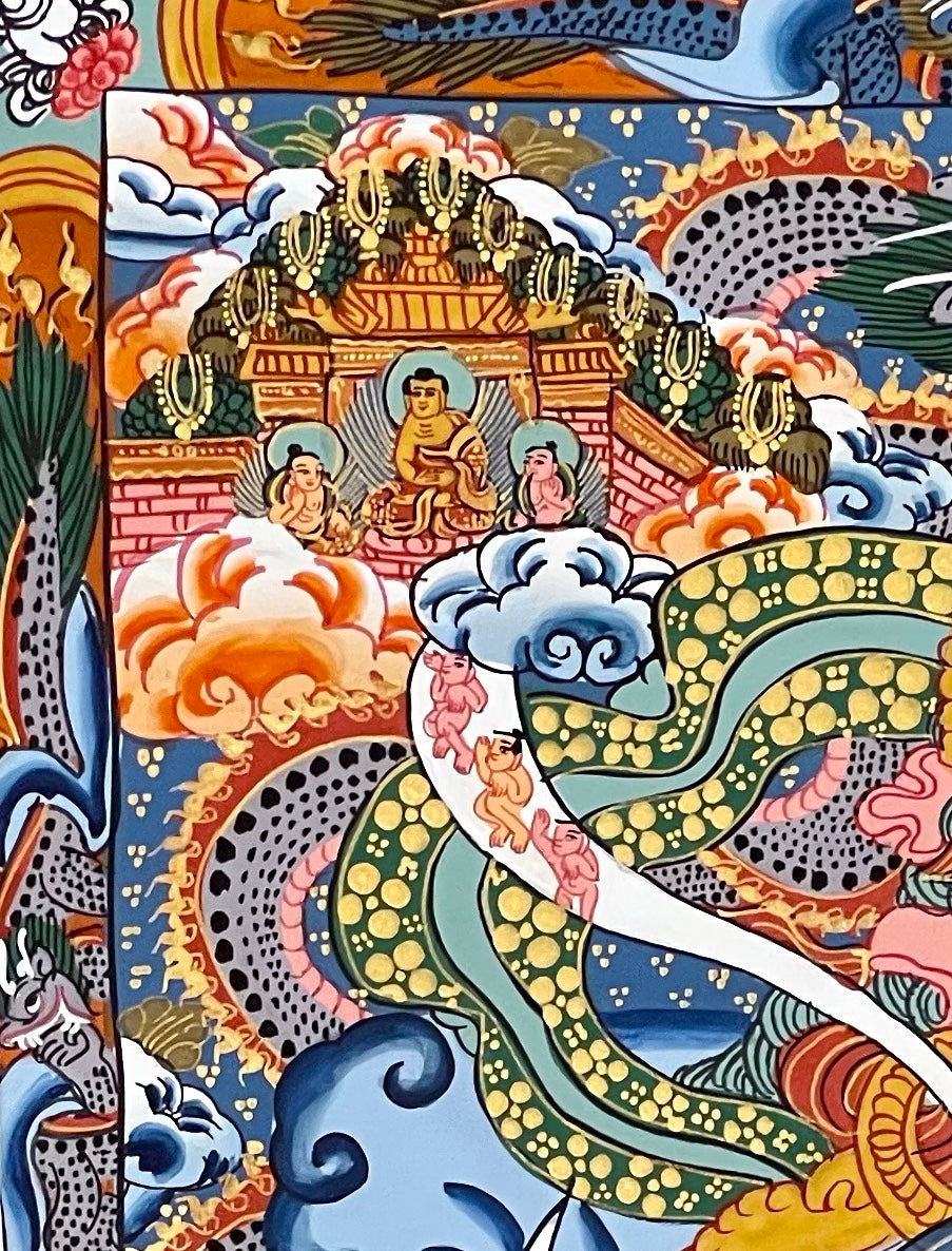 Wheel of Life thangka, detail: top-left corner