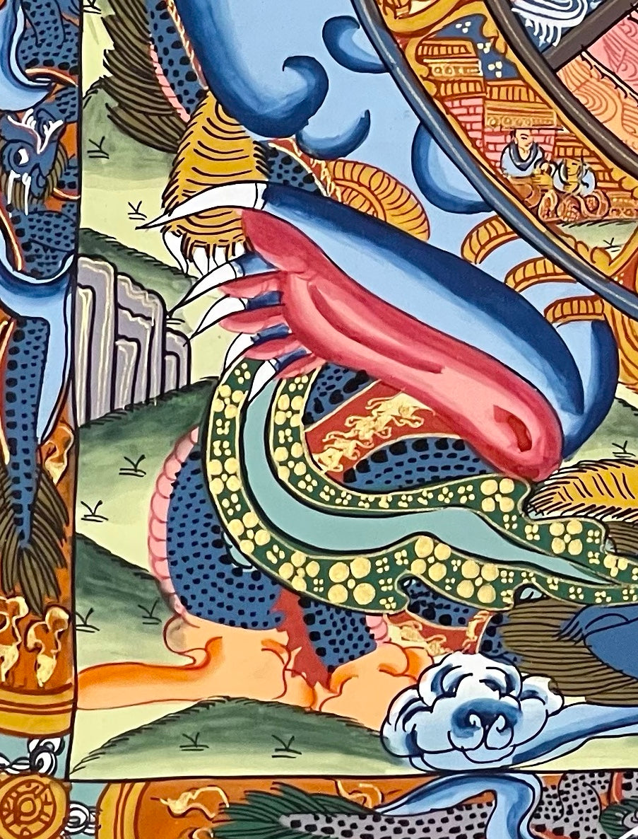 Wheel of Life thangka, detail: bottom-left corner