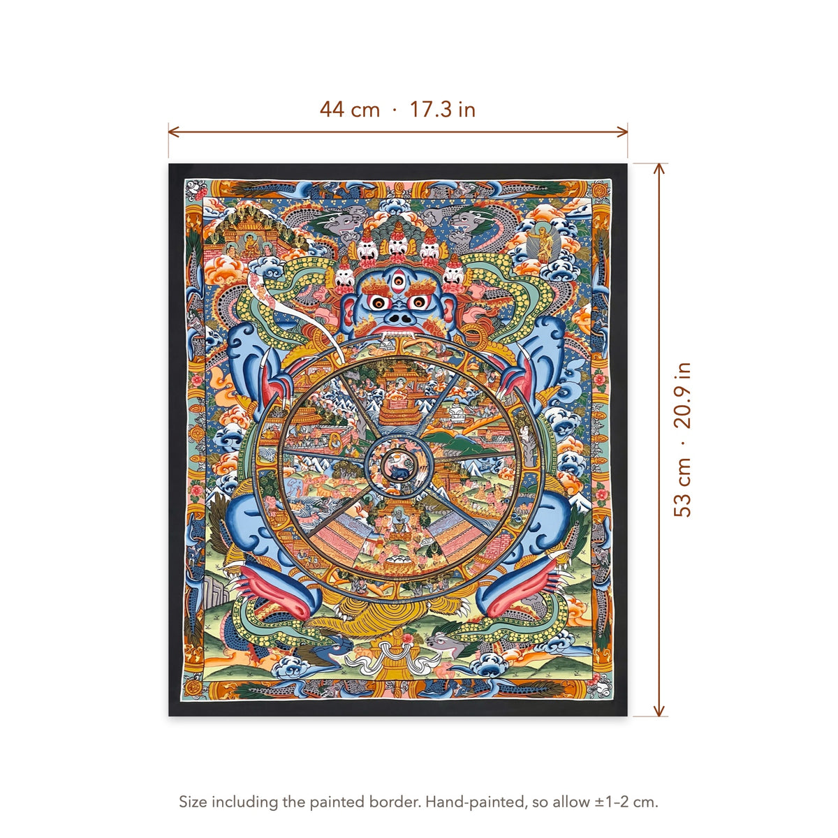 Size diagram: 44 × 53 cm (17.3 × 20.9 in), including the painted border