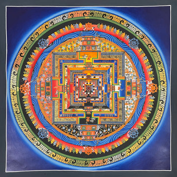 Kalachakra Mandala thangka, 55×55 cm: Kalachakra palace mandala with rings of mantra syllables and dharma wheels on a deep blue ground