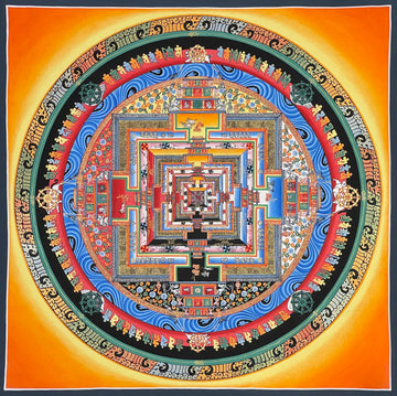 Kalachakra Mandala thangka, 55×55 cm: Kalachakra palace mandala with rings of mantra syllables and dharma wheels on an orange ground glowing yellow around the circle