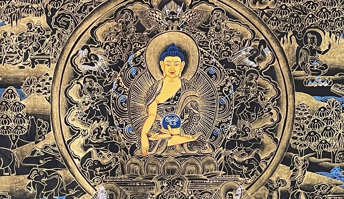 Buddha Life Story thangka, 108×65 cm: Shakyamuni in a central circle surrounded by scenes of his life, in gold-coloured line work on black