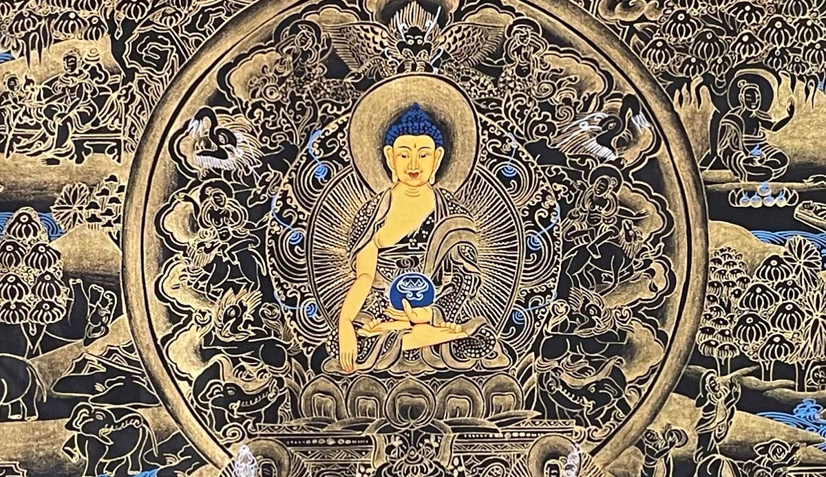 Buddha Life Story thangka, detail: centre