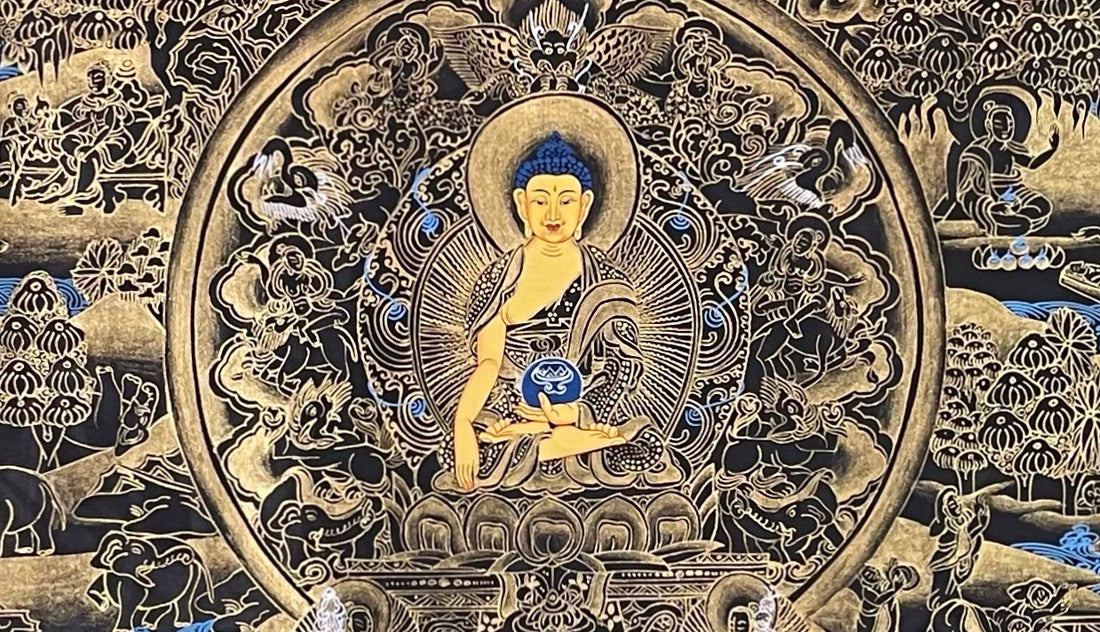 Buddha Life Story thangka, 108×65 cm: Shakyamuni in a central circle surrounded by scenes of his life, in gold-coloured line work on black