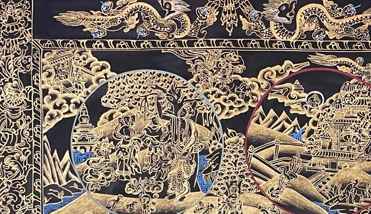 Buddha Life Story thangka, detail: top-left corner