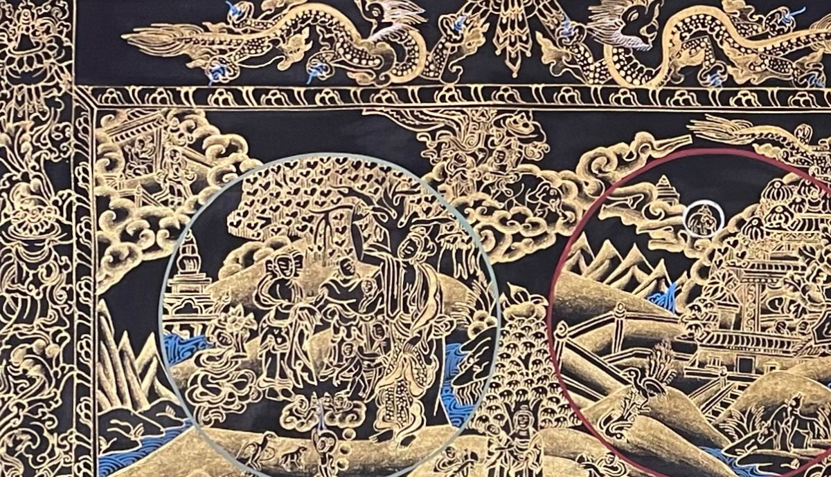 Buddha Life Story thangka, detail: top-left corner