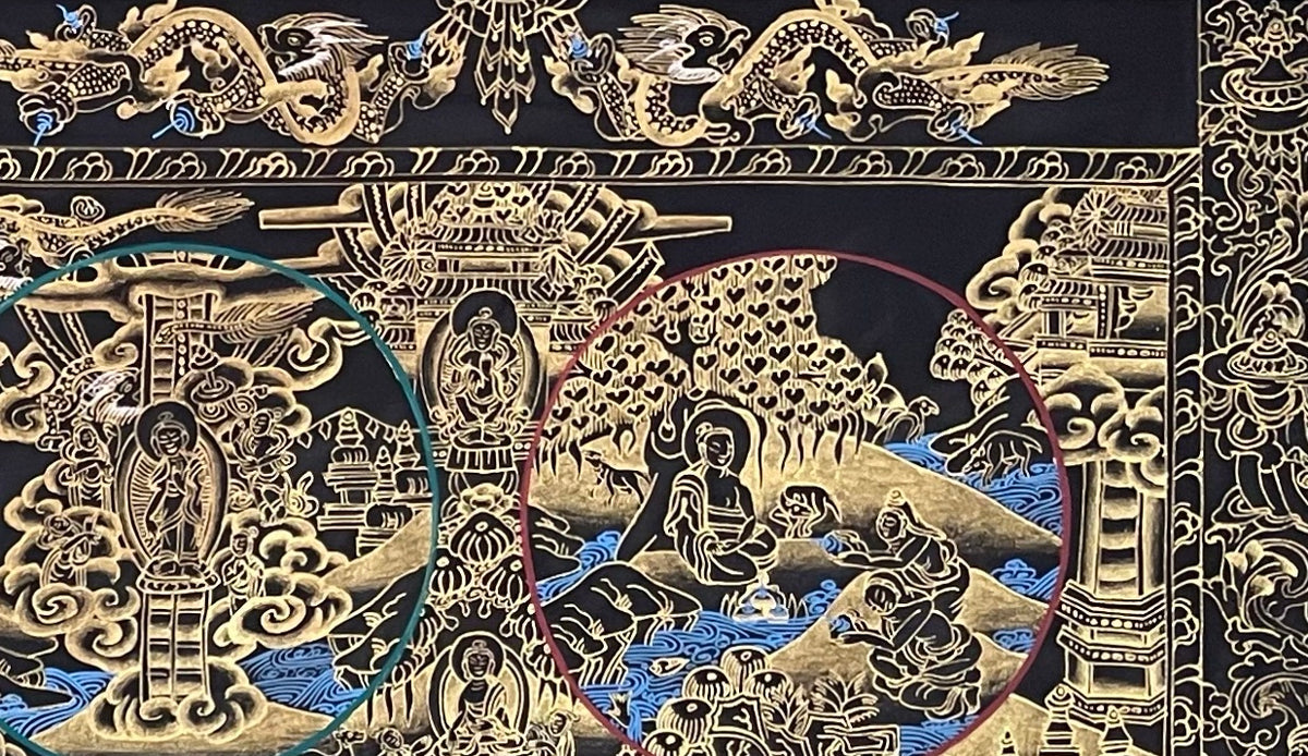 Buddha Life Story thangka, detail: top-right corner