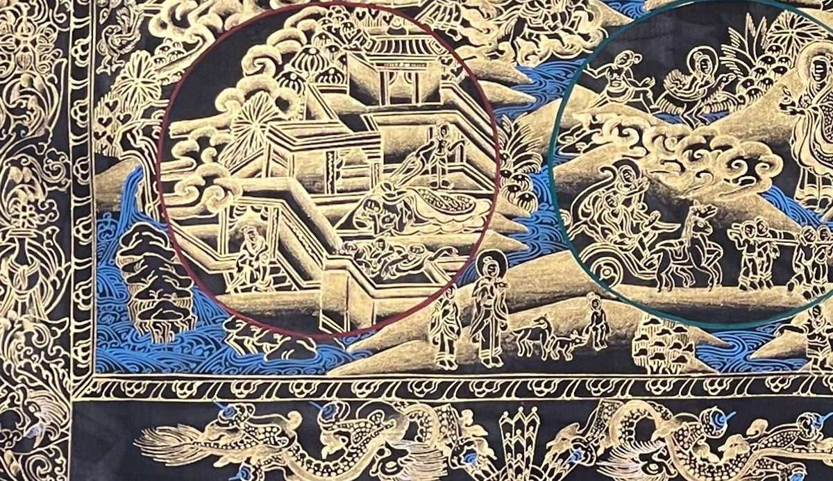 Buddha Life Story thangka, detail: bottom-left corner