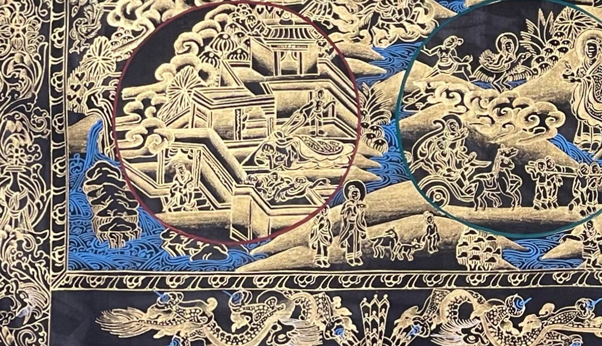 Buddha Life Story thangka, detail: bottom-left corner