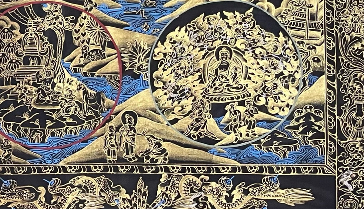 Buddha Life Story thangka, detail: bottom-right corner