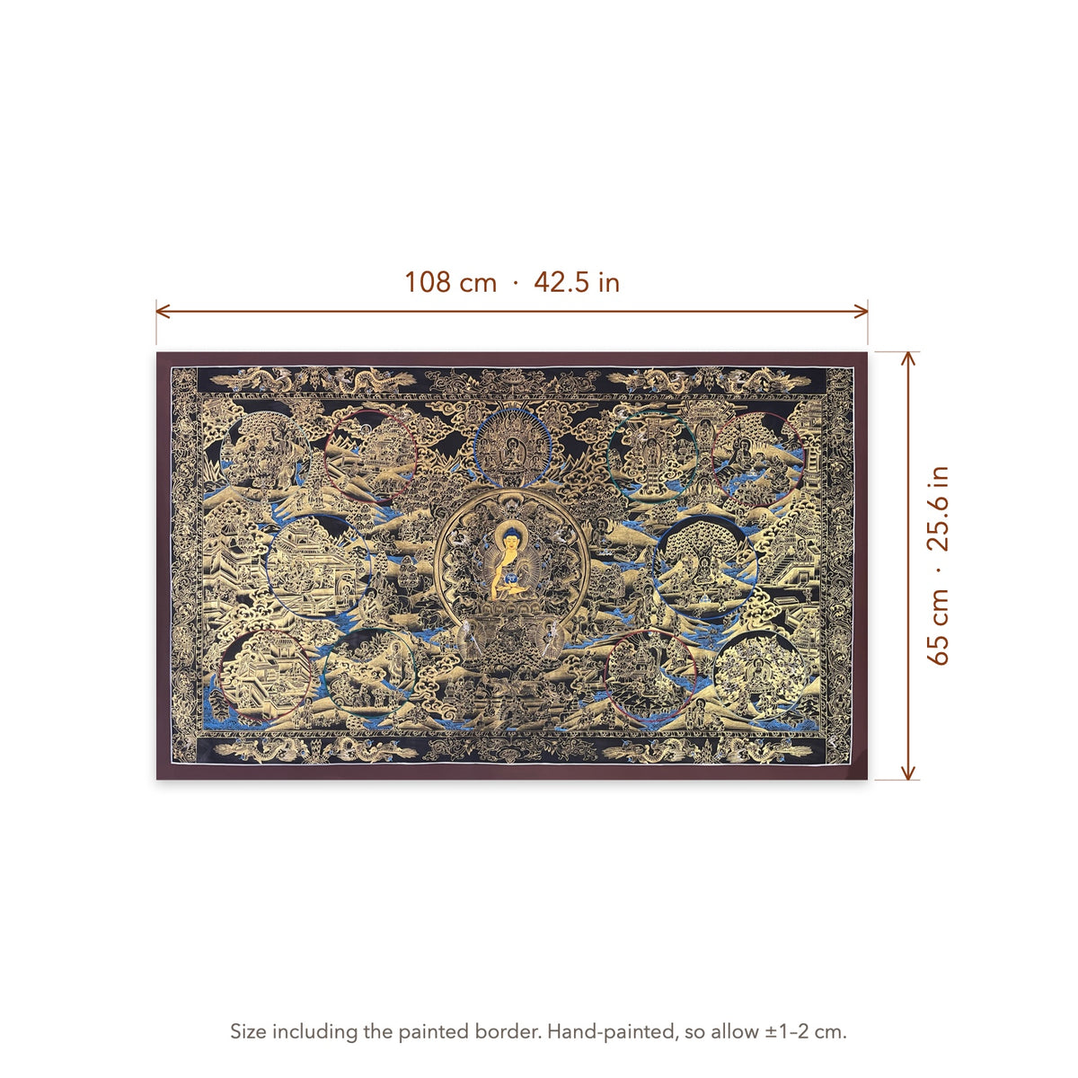 Size diagram: 108 × 65 cm (42.5 × 25.6 in), including the painted border