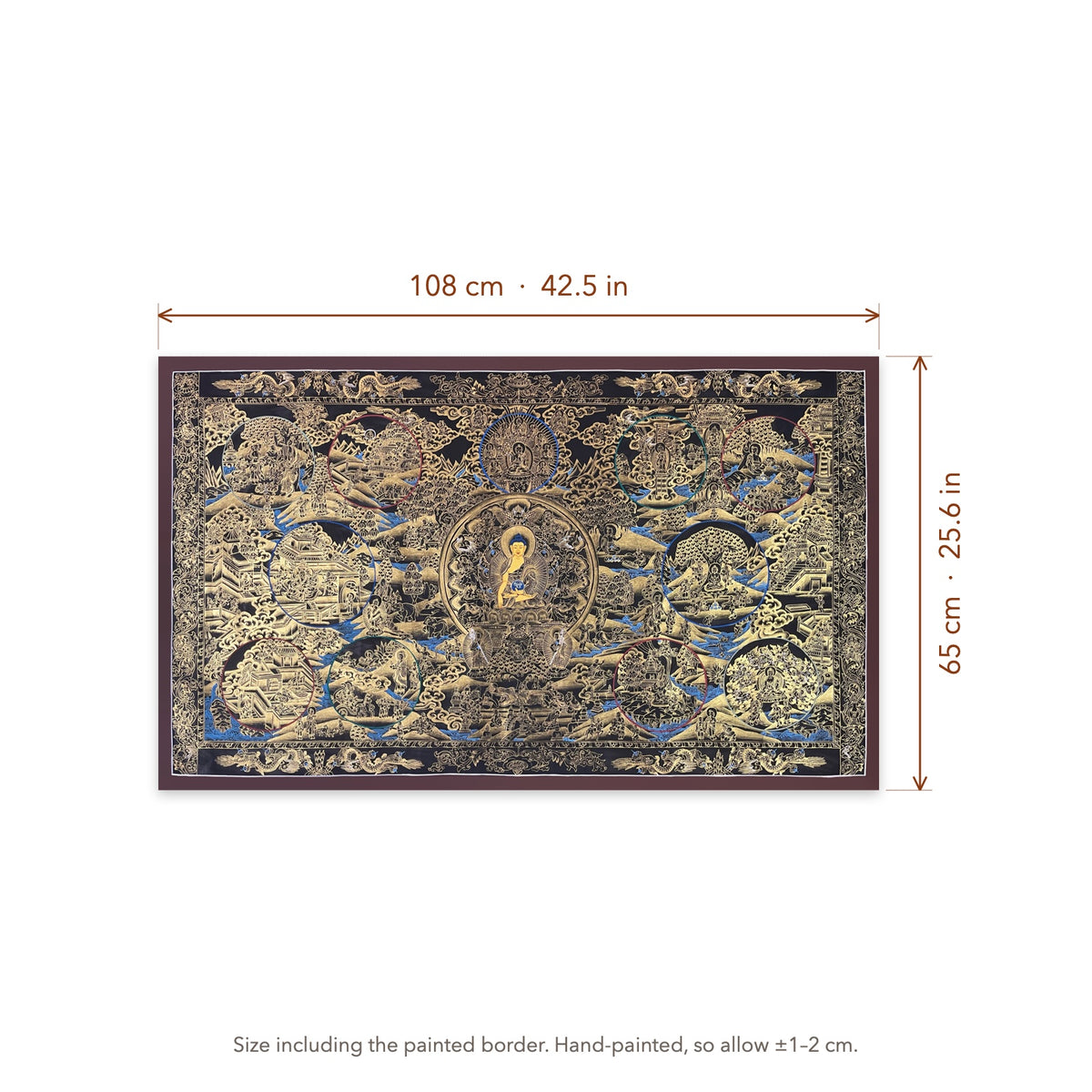 Size diagram: 108 × 65 cm (42.5 × 25.6 in), including the painted border