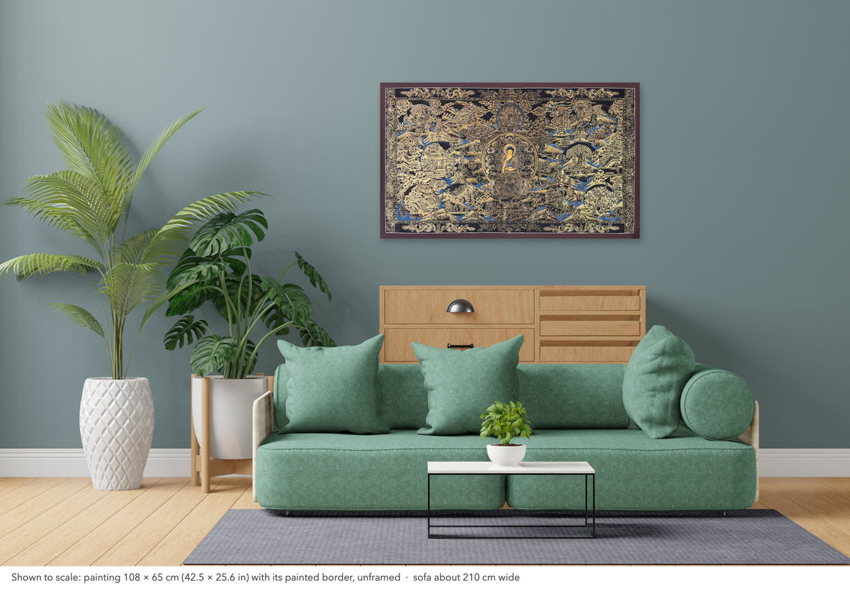 Buddha Life Story thangka shown to scale in a living room, unframed, above a sofa about 210 cm wide (108×65 cm)
