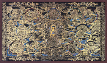 Buddha Life Story thangka, 108×65 cm: Shakyamuni in a central circle surrounded by scenes of his life, in gold-coloured line work on black