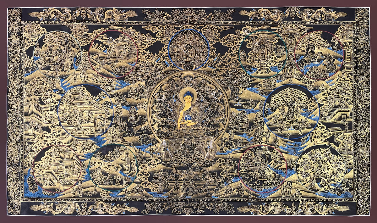 Buddha Life Story thangka, 108×65 cm: Shakyamuni in a central circle surrounded by scenes of his life, in gold-coloured line work on black