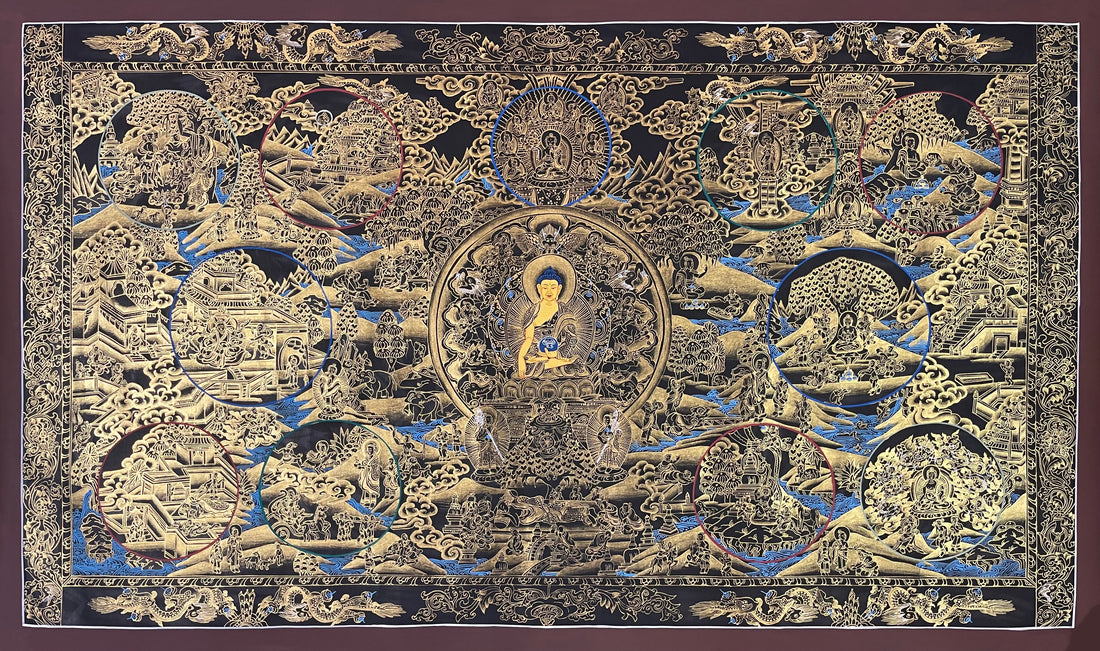 Buddha Life Story thangka, 108×65 cm: Shakyamuni in a central circle surrounded by scenes of his life, in gold-coloured line work on black