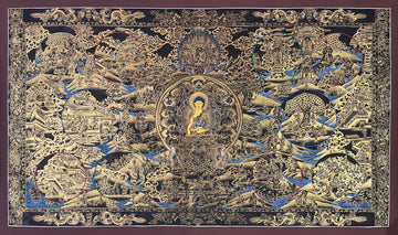 Buddha Life Story thangka, 108×65 cm: Shakyamuni in a central circle surrounded by scenes of his life, in gold-coloured line work on black