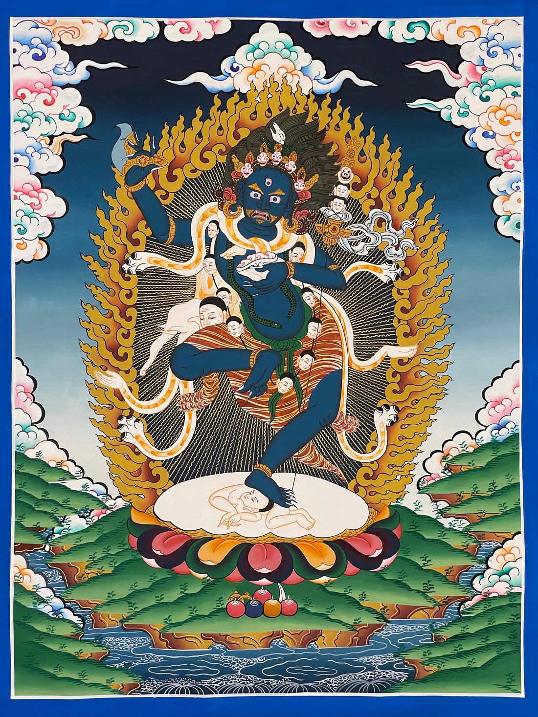 Nairatmya thangka, 53×67 cm: Nairatmya, dark blue and wrathful, dancing on a lotus before golden flames
