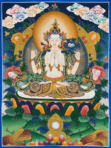 Chenrezig thangka, 53×67 cm: white four-armed Chenrezig on a lotus among peonies, under a deep blue sky