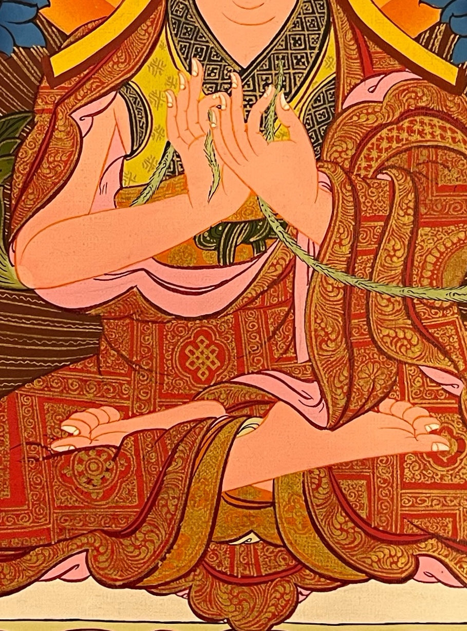 Tsongkhapa thangka, 42×55 cm: Tsongkhapa in a yellow hat with a sword and book on lotuses at his shoulders