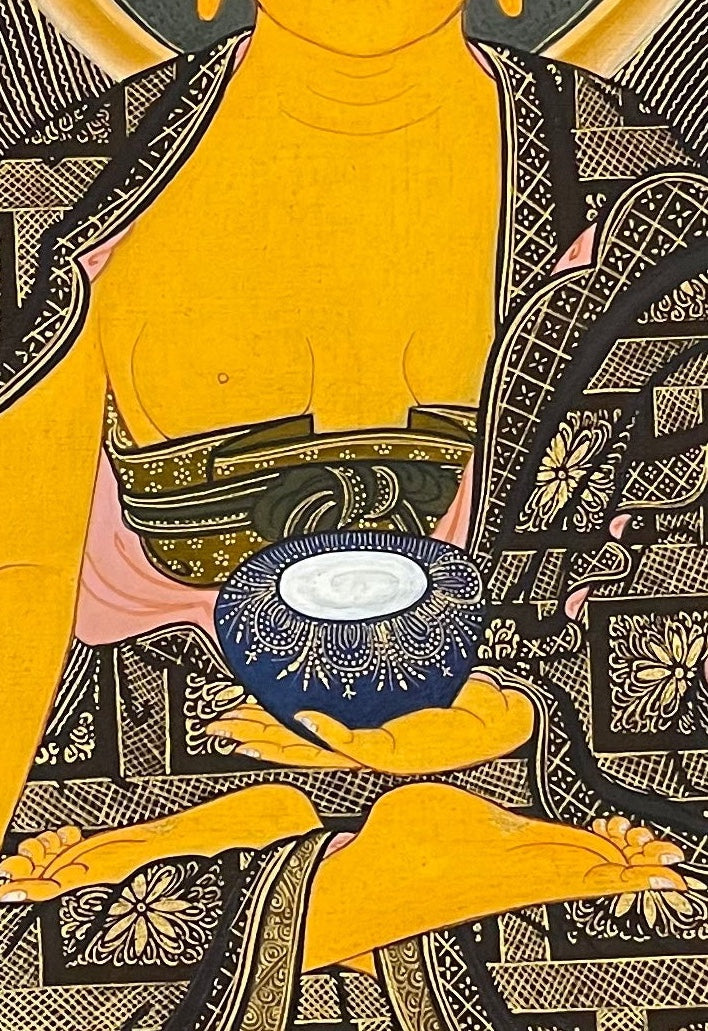 Shakyamuni Buddha thangka, 30×42 cm: Shakyamuni touching the earth on a lotus among peonies, with grey clouds and snow peaks