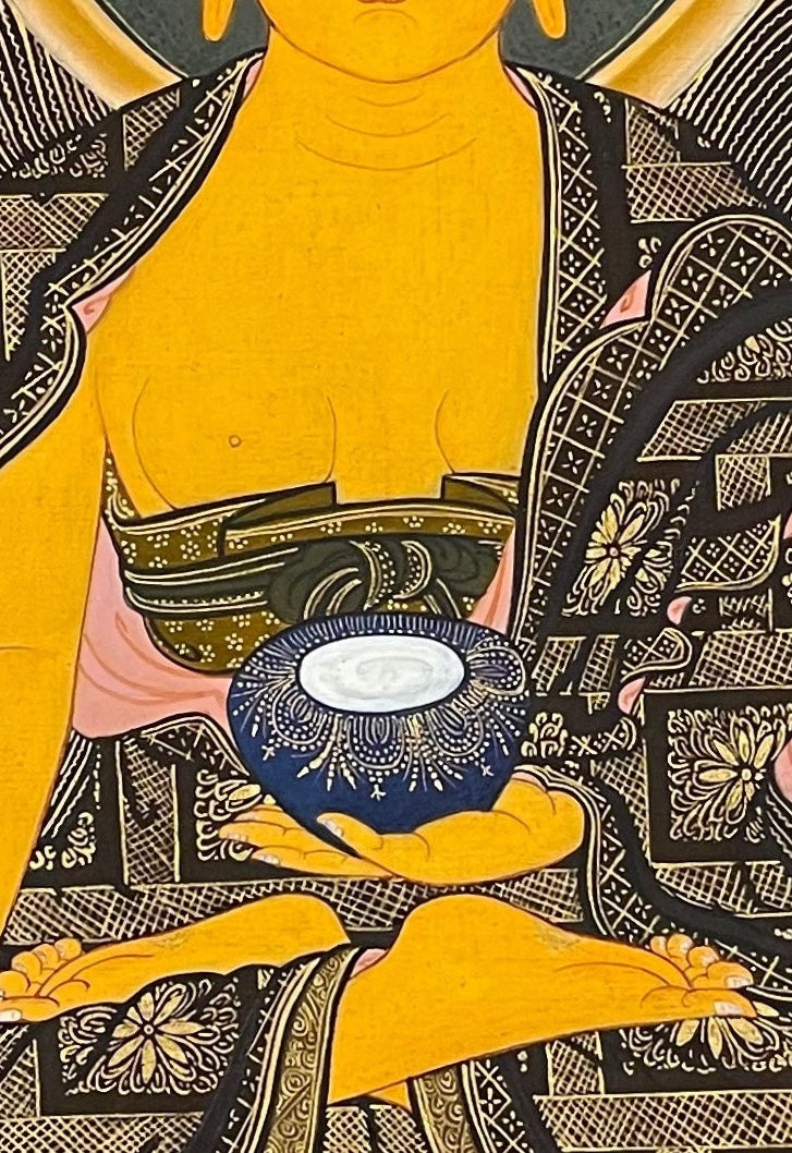 Shakyamuni Buddha thangka, 30×42 cm: Shakyamuni touching the earth on a lotus among peonies, with grey clouds and snow peaks