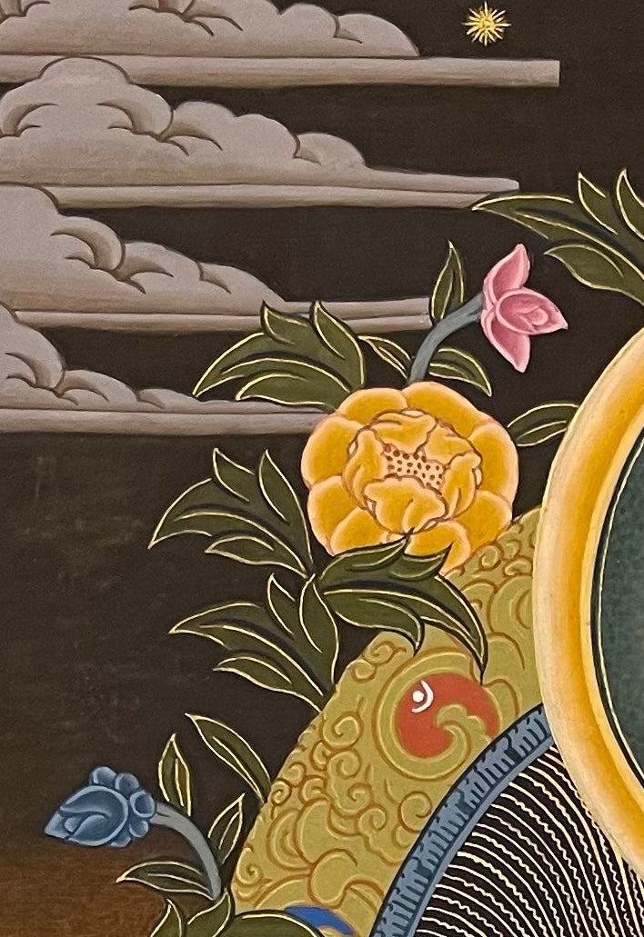 Shakyamuni Buddha thangka, detail: top-left corner